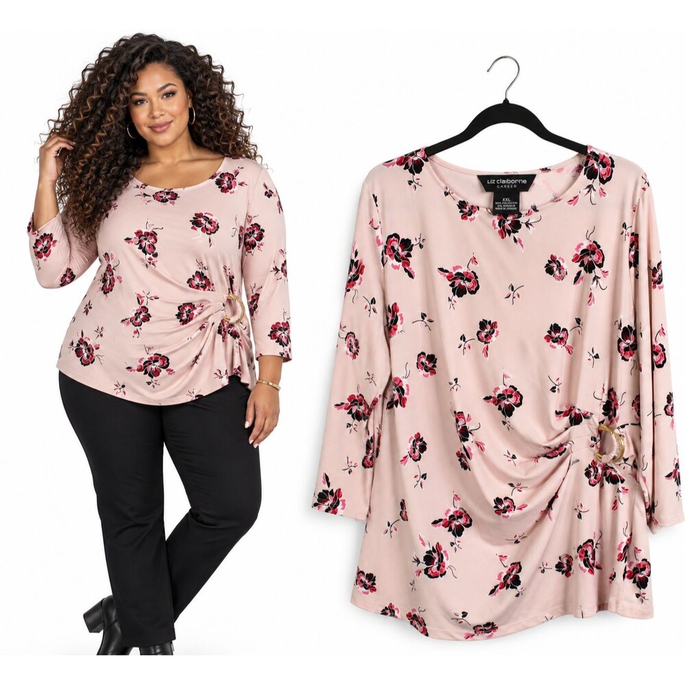 Liz Claiborne Side Buckle Stretch Top Size  XXL Career Pink Floral Ruched